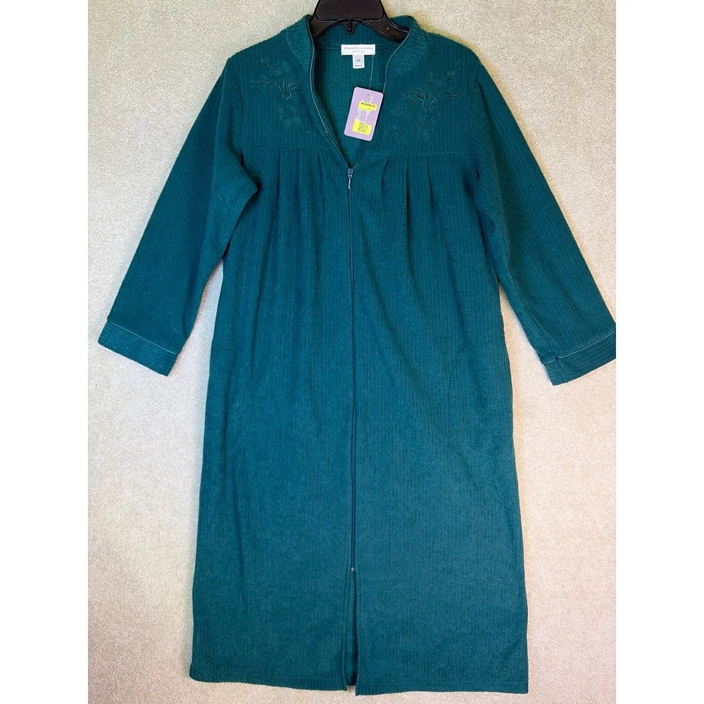 Miss Elaine Robe Women Petite Small Emerald Green Zip Front Floral Embroidery PS